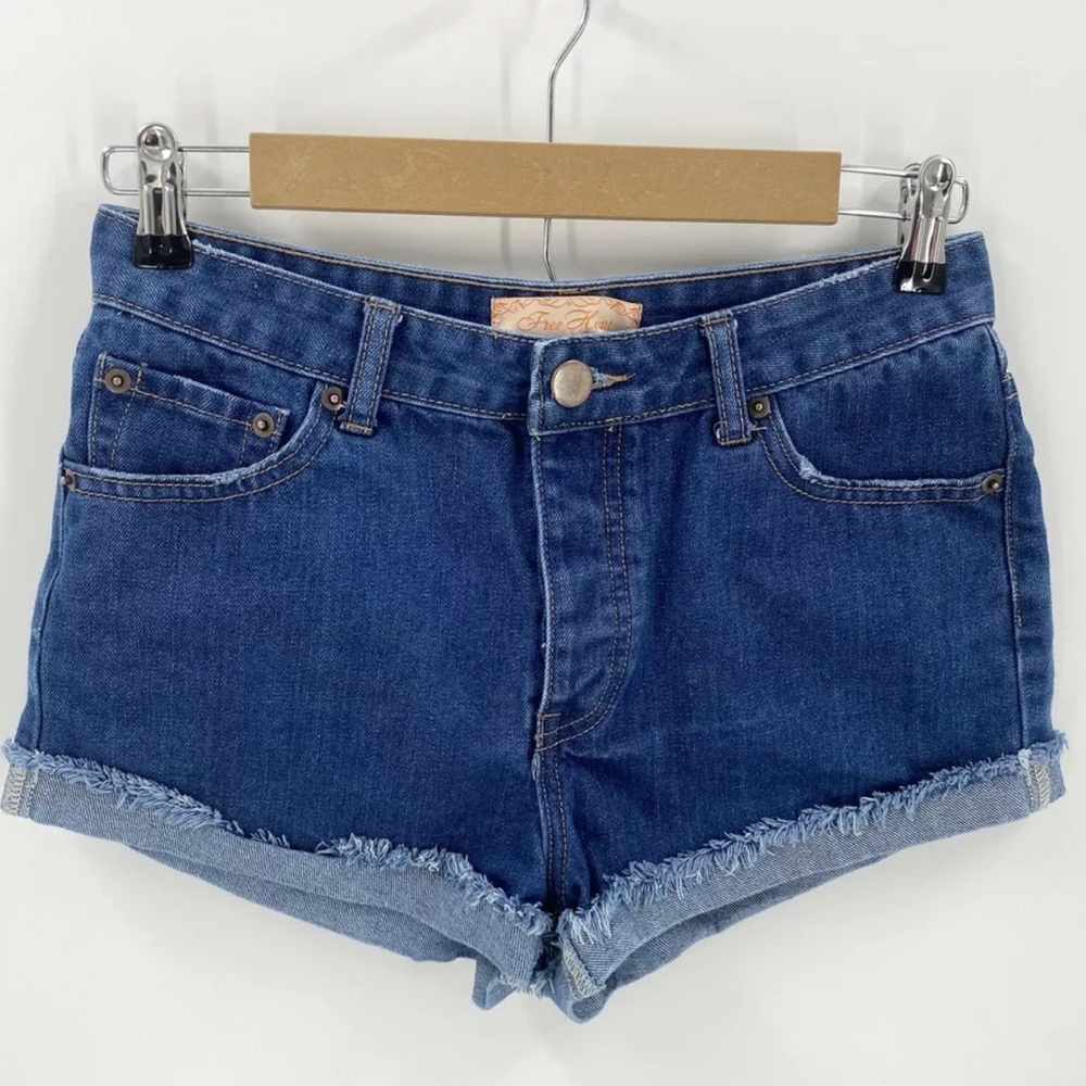 Free Heart Button Fly Blue Denim Jean Cut Off Cuffed Shorts
